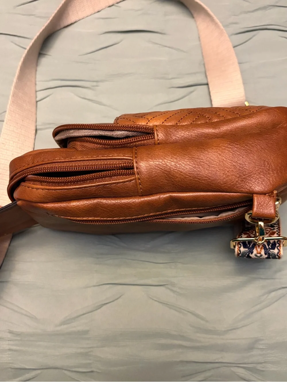 Quilted Tan Crossbody Bag and Wallet Set with Patterned Strap - Unknown Brand